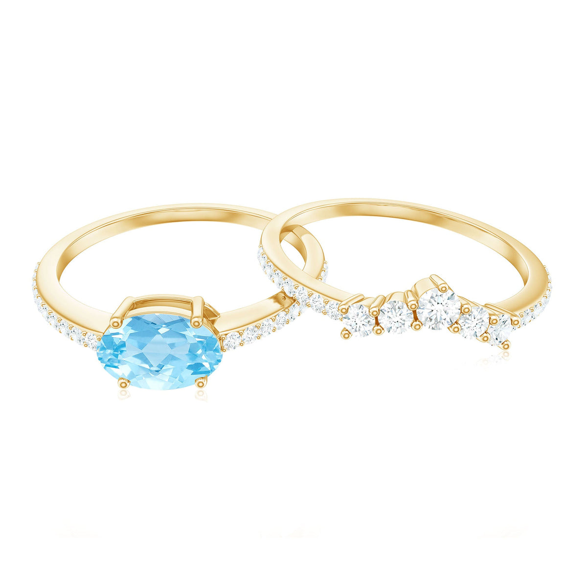 Real Oval Aquamarine Diamond East West Engagement Ring and Wedding Band Set