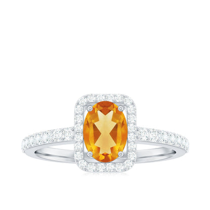 Real 1 Carat Citrine Oval Engagement Ring with Diamond Halo