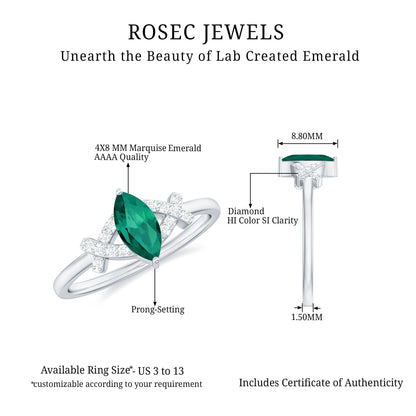 Designer Lab Grown Emerald Marquise Engagement Ring with Diamond
