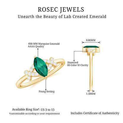 Designer Lab Grown Emerald Marquise Engagement Ring with Diamond