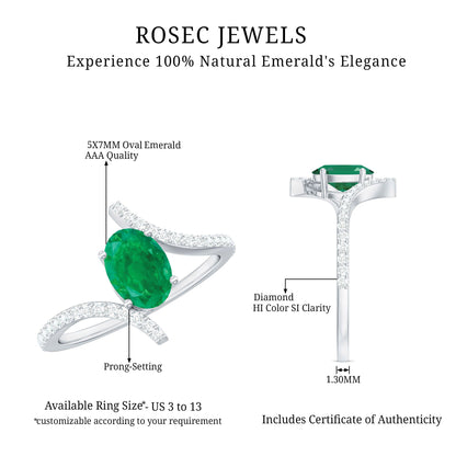 Oval Shaped Emerald Bypass Engagement Ring with Diamonds