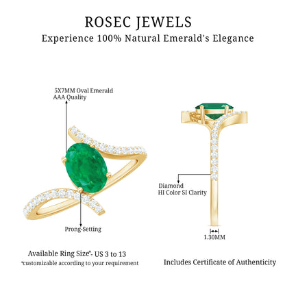 Oval Shaped Emerald Bypass Engagement Ring with Diamonds