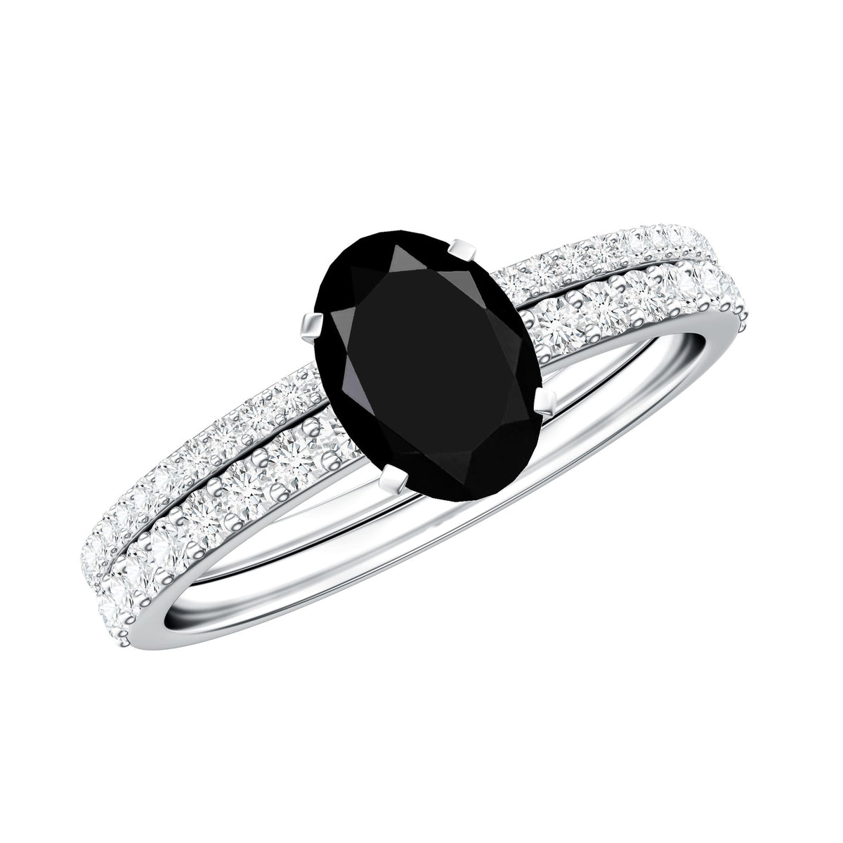 1 Carat Oval Cut Black Onyx Solitaire Rings Set with Diamond Wedding Band