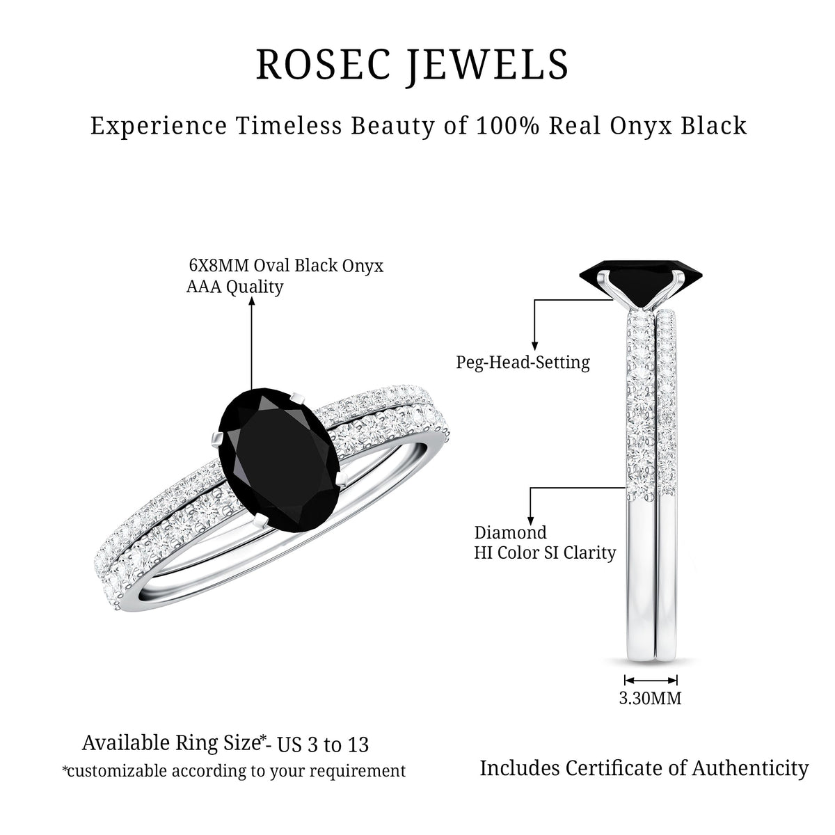 1 Carat Oval Cut Black Onyx Solitaire Rings Set with Diamond Wedding Band