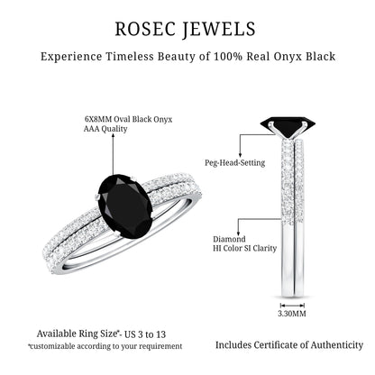 1 Carat Oval Cut Black Onyx Solitaire Rings Set with Diamond Wedding Band