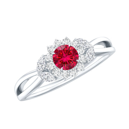 Certified Lab Grown Ruby Diamond Flower Engagement Ring for Women