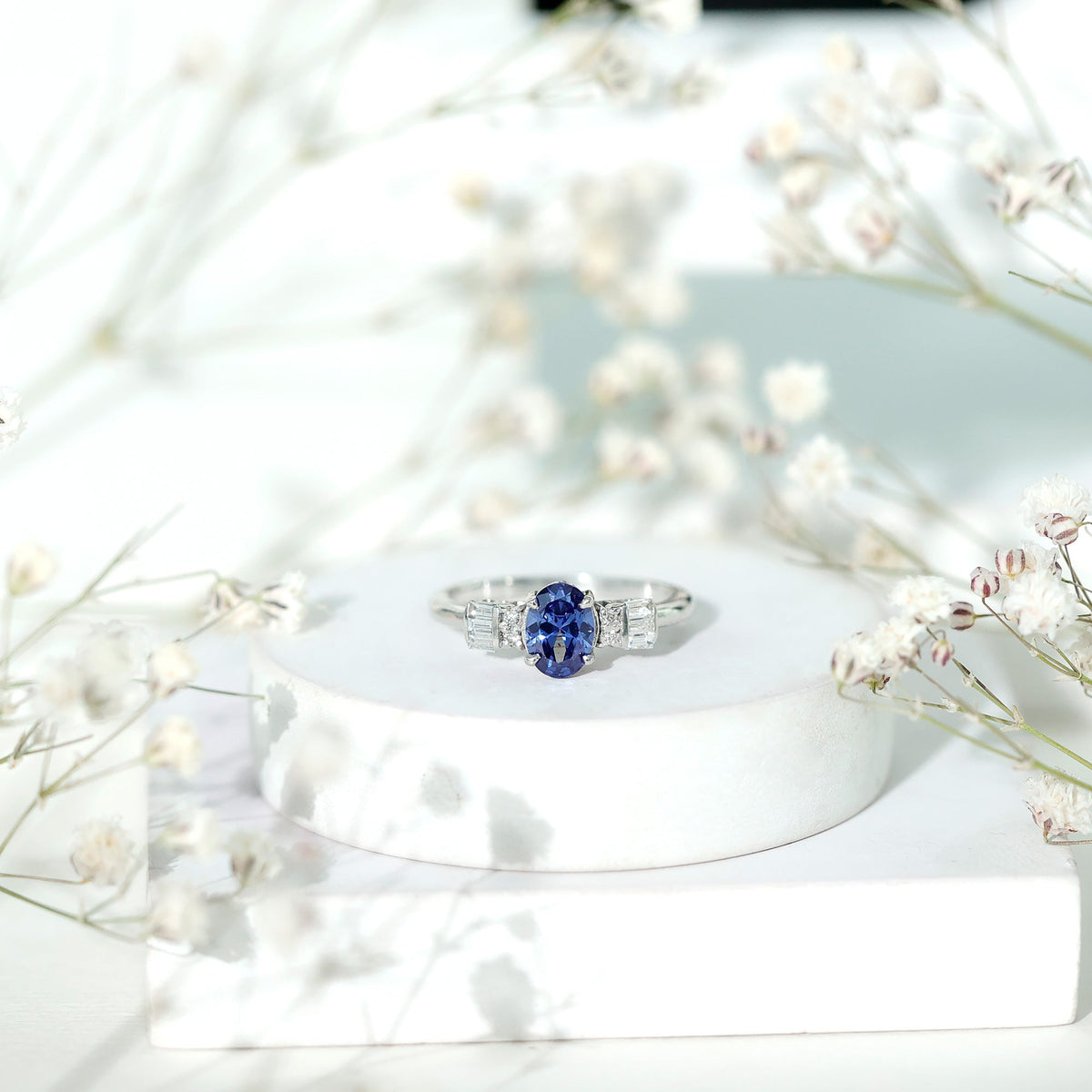 Certified 1 Carat Lab Grown Blue Sapphire Oval Engagement Ring with Diamond