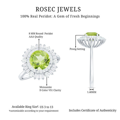 Certified Real 2 Carat Peridot Engagement Ring with Moissanite Double Halo