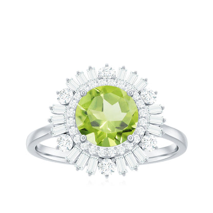 Certified Real 2 Carat Peridot Engagement Ring with Moissanite Double Halo