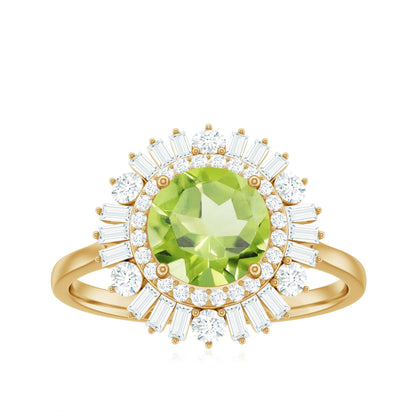 Certified Real 2 Carat Peridot Engagement Ring with Moissanite Double Halo