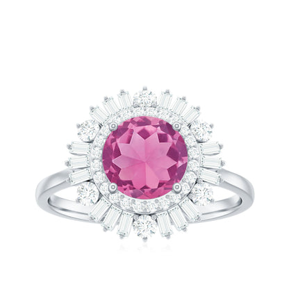 1.2 Carat Round Pink Tourmaline Cocktail Ring with Moissanite Double Halo