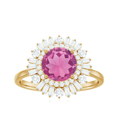 1.2 Carat Round Pink Tourmaline Cocktail Ring with Moissanite Double Halo