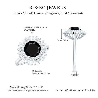Natural 1.5 Carat Black Spinel Engagement Ring with Double Moissanite Halo