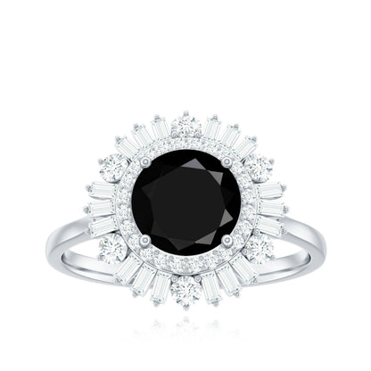 Natural 1.5 Carat Black Spinel Engagement Ring with Double Moissanite Halo