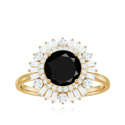 Natural 1.5 Carat Black Spinel Engagement Ring with Double Moissanite Halo