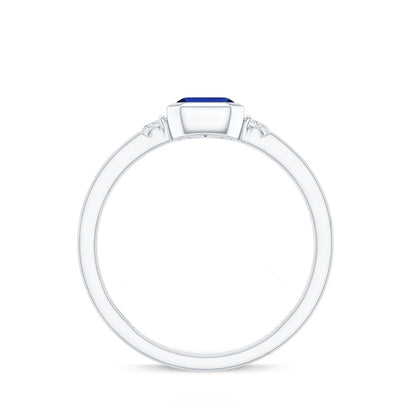 Bezel Set 1.75 Carat Lab Grown Blue Sapphire Emerald Cut Engagement Ring with Diamond