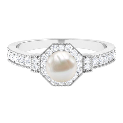 Art Deco Inspired 7.4 Carat Freshwater Pearl Engagement Ring with Diamond Halo