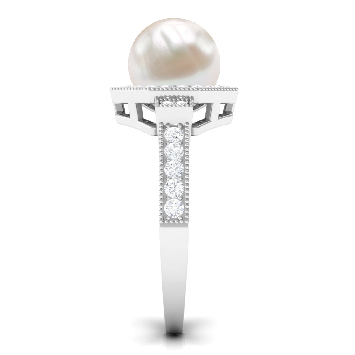 Art Deco Inspired 7.4 Carat Freshwater Pearl Engagement Ring with Diamond Halo