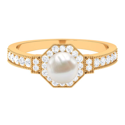 Art Deco Inspired 7.4 Carat Freshwater Pearl Engagement Ring with Diamond Halo
