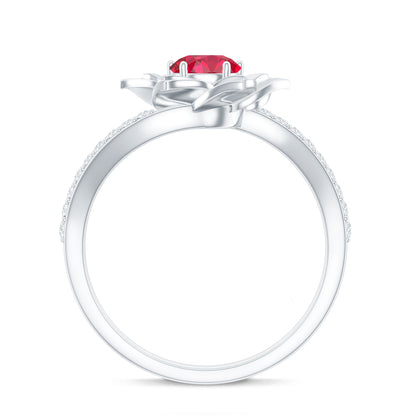 Lab Created Ruby Rose Flower Engagement Ring With Certificate