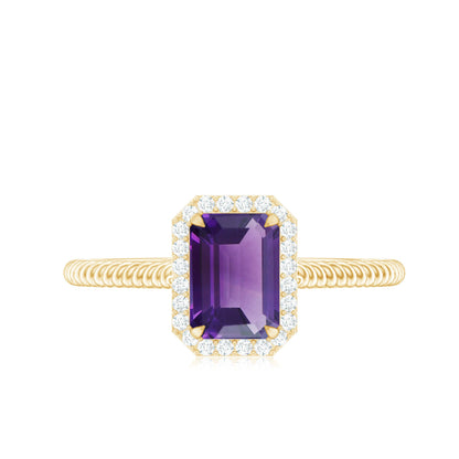 Natural 1.4 Carat Amethyst Emerald Cut Engagement Ring with Diamond Halo