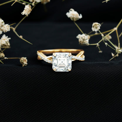 Certified Moissanite Asscher Cut Engagement Ring with Twisted Shank