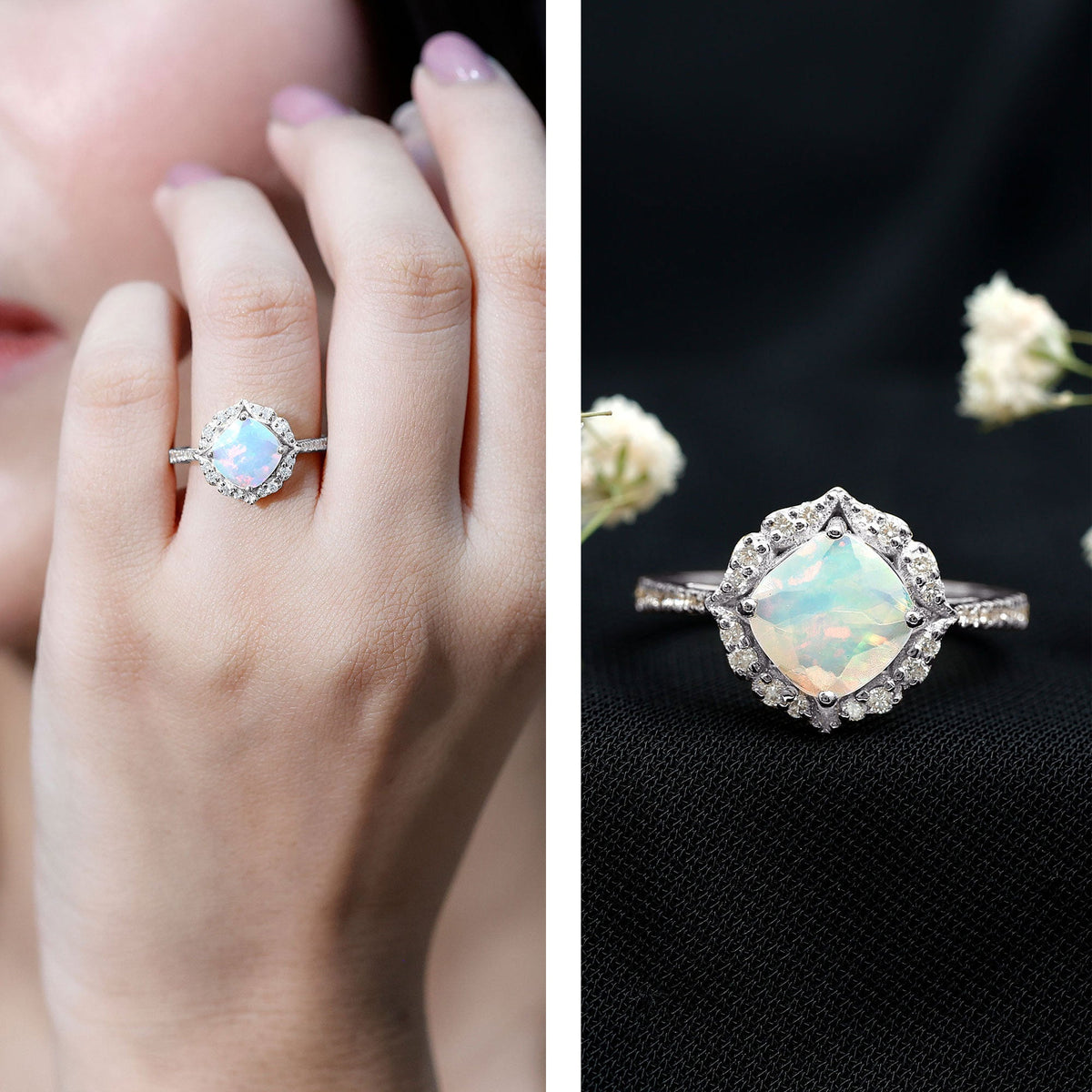 Certified 1.8 Carat Opalescent Vintage Inspired Engagement Ring with Diamond Halo