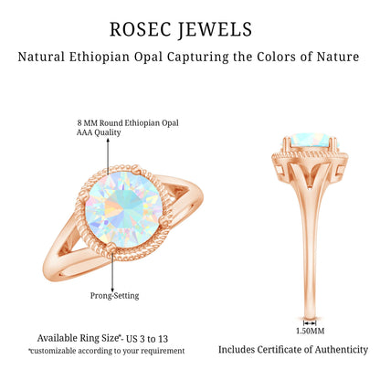 Certified Real 2 Carat Round Ethiopian Opal Split Shank Engagement Ring with Twisted Rope