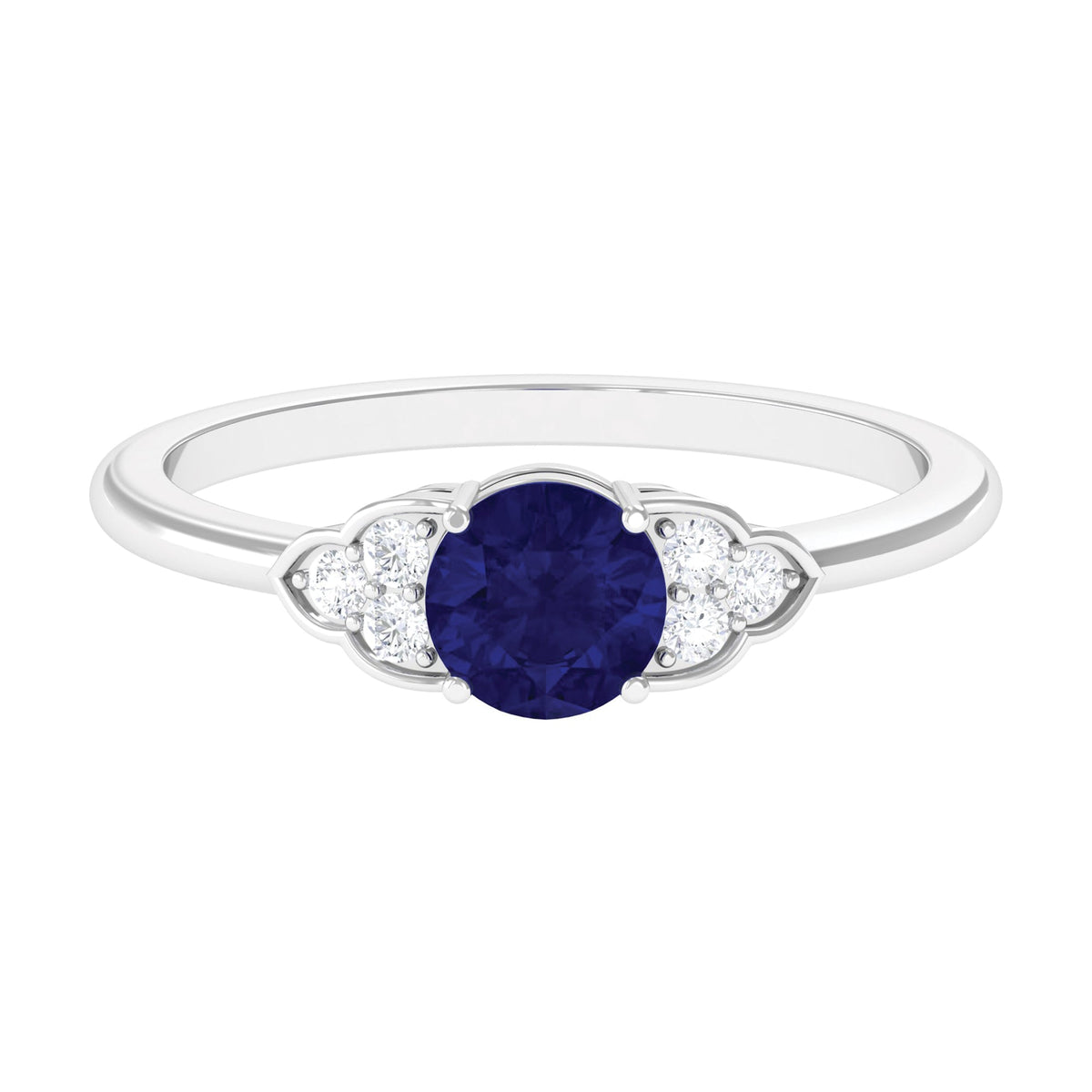 Round 0.9 Carat Blue Sapphire Engagement Ring with Diamond Trio