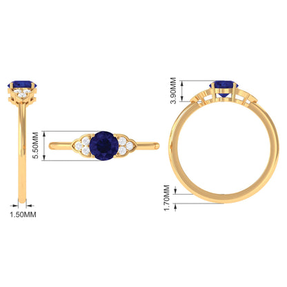 Round 0.9 Carat Blue Sapphire Engagement Ring with Diamond Trio