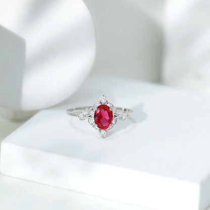Oval Cut Created Ruby Solitaire Cocktail Ring with Diamond