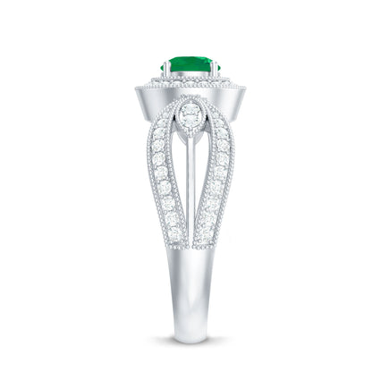 Real Emerald Diamond Vintage Looking Engagement Ring with Split Shank