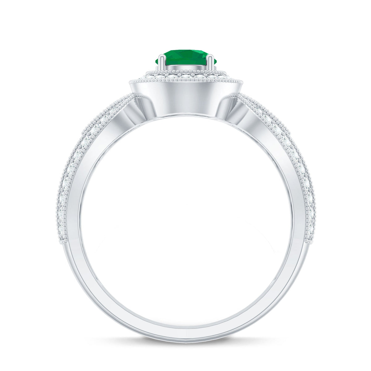 Real Emerald Diamond Vintage Looking Engagement Ring with Split Shank