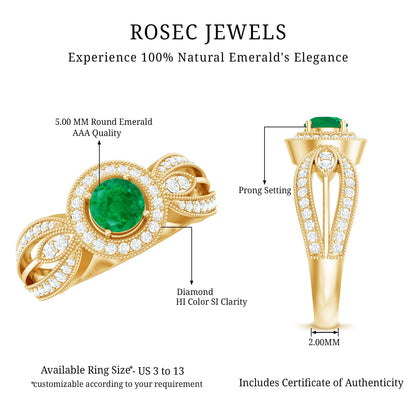 Real Emerald Diamond Vintage Looking Engagement Ring with Split Shank
