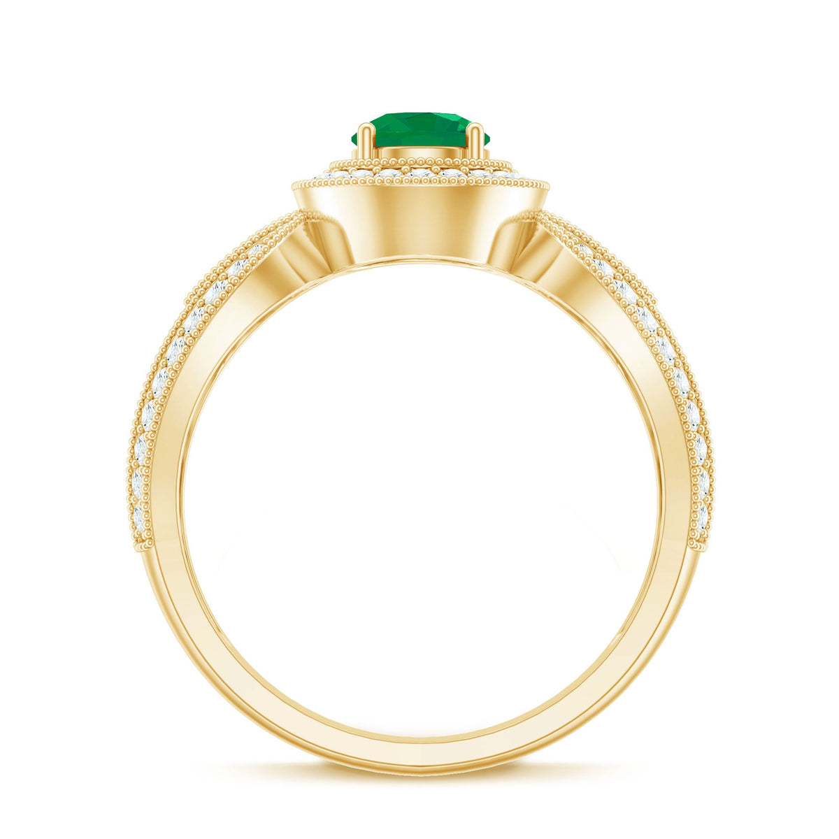 Real Emerald Diamond Vintage Looking Engagement Ring with Split Shank