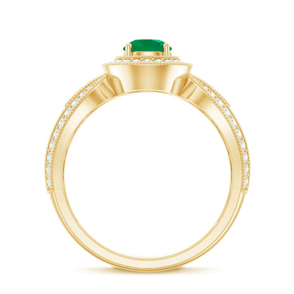 Real Emerald Diamond Vintage Looking Engagement Ring with Split Shank