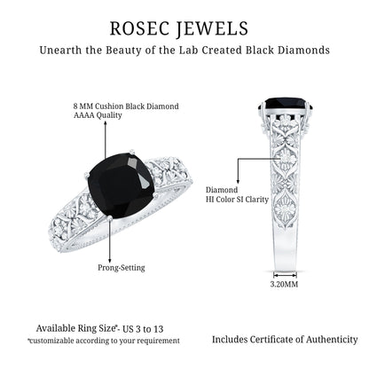 Cushion Cut 2.8 Carat Lab Grown Black Diamond Vintage Engagement Ring with White Diamond