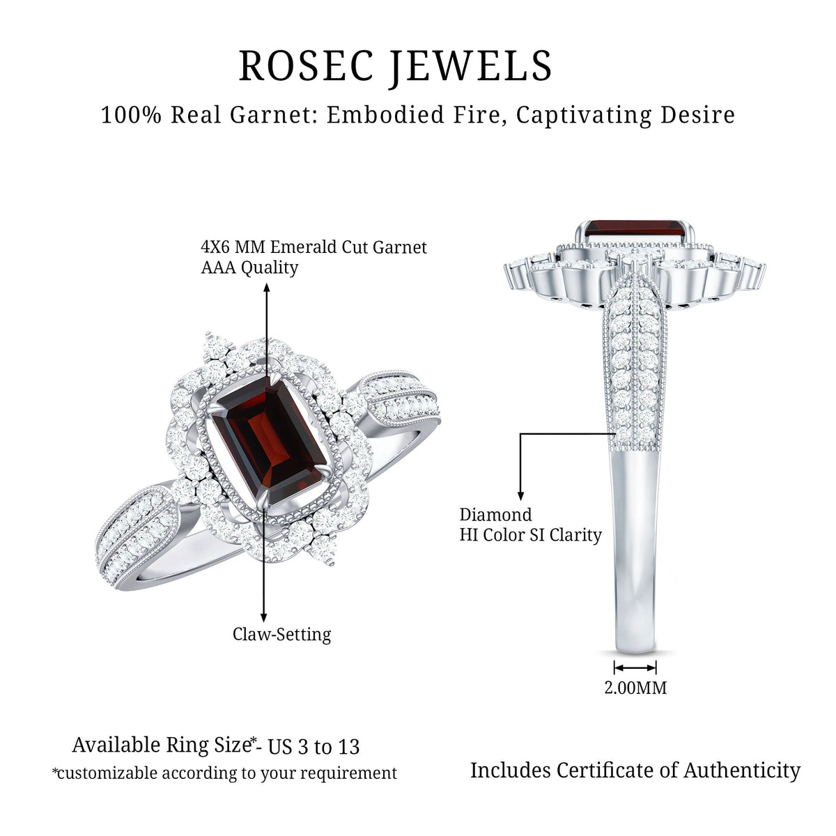 Certified Real Emerald Cut Garnet Retro Engagement Ring with Diamond