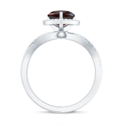Natural Garnet Diamond Heart Engagement Ring with Crossover Shank