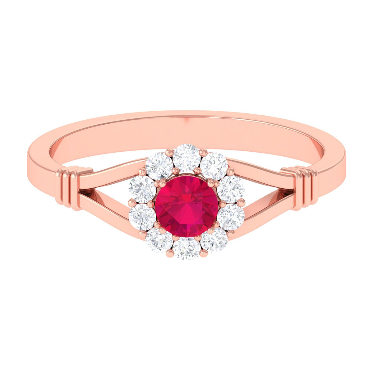 Minimal Ruby Diamond Halo Engagement Ring with Split Shank