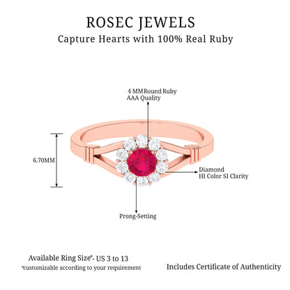 Minimal Ruby Diamond Halo Engagement Ring with Split Shank