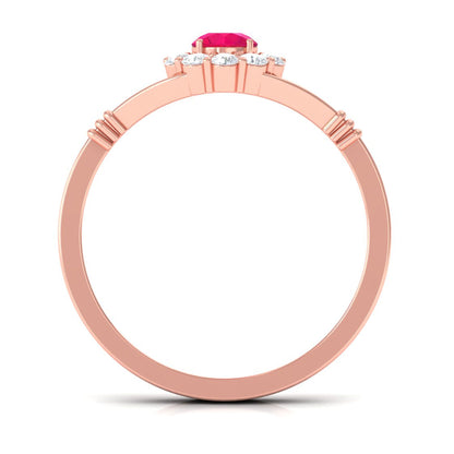 Minimal Ruby Diamond Halo Engagement Ring with Split Shank