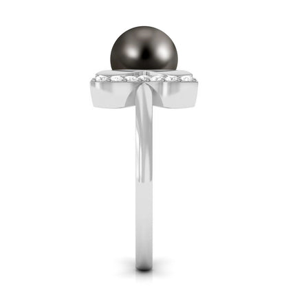 Round Tahitian Pearl Solitaire Cuff Engagement Ring with Diamond