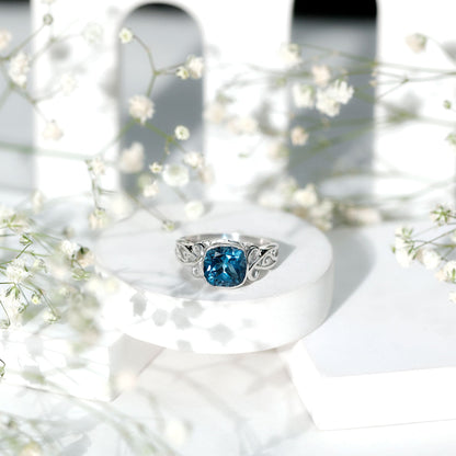 2.8 Carat Cushion Cut London Blue Topaz Vintage Solitaire Ring