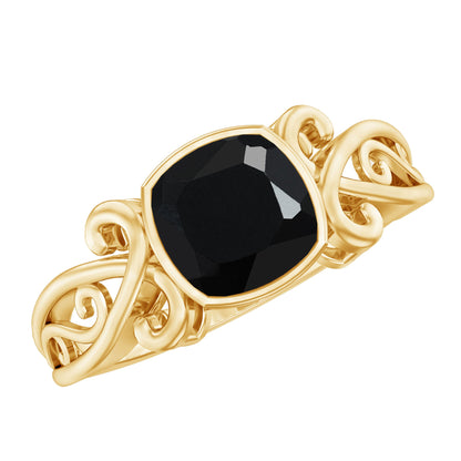 Vintage Style Black Spinel Cushion Cut Engagement Ring