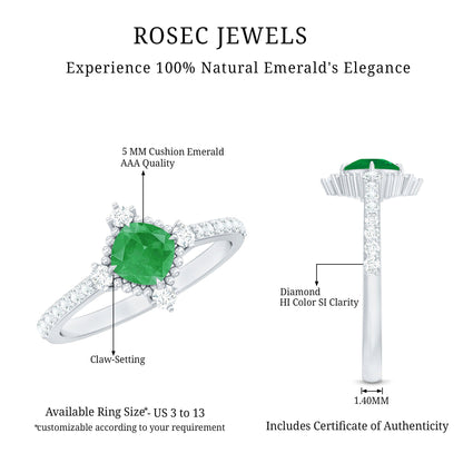 Antique Looking Real Emerald Cushion Cut Engagement Ring with Diamond
