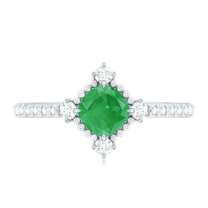 Antique Looking Real Emerald Cushion Cut Engagement Ring with Diamond