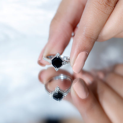 2 Carat Vintage Style Black Spinel Engagement Ring with Diamonds