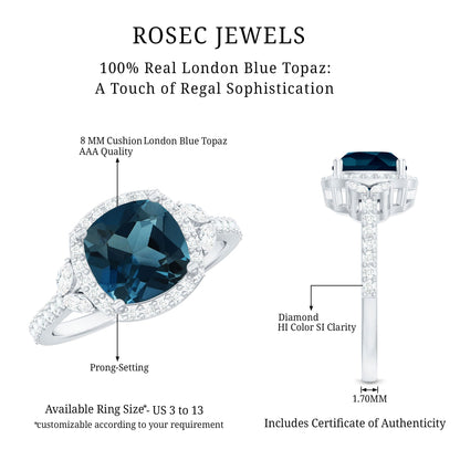 Certified Cushion Cut London Blue Topaz and Diamond Engagement Ring