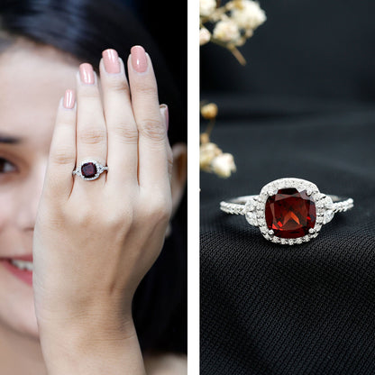 Natural Garnet Cushion Cut Engagement Ring with Diamond Halo
